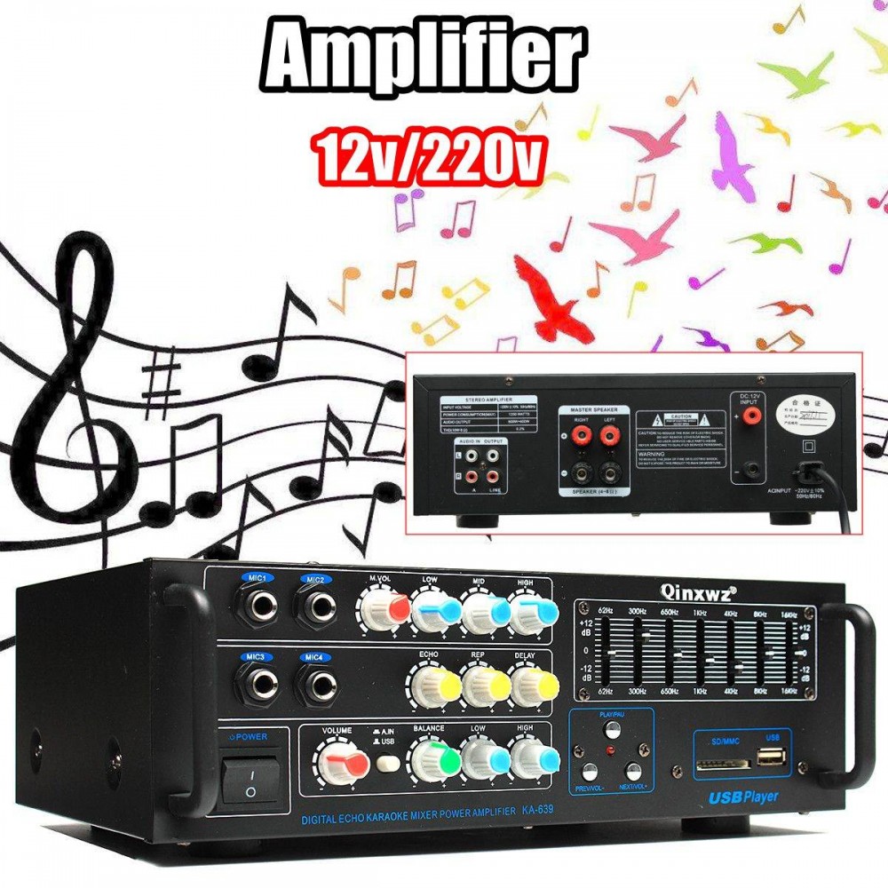 12V/220V  1200w 2 Channel Equalizer Home Stereo Power Amplifier USB Car Amplifier Home Theater Amplifiers Audio