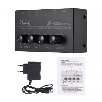 Muslady Headphone Amplifier HA400 Ultra-compact 4 Channels Mini Audio Stereo Headphone Amplifier with Power Adapter