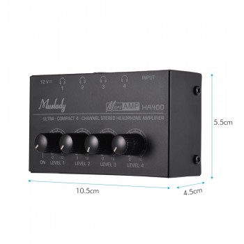 Muslady Headphone Amplifier HA400 Ultra-compact 4 Channels Mini Audio Stereo Headphone Amplifier with Power Adapter