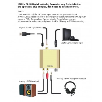 DAC 192kHz 24bit Audio Converter Digital Optical Coaxial Toslink to Analog Stereo L/R RCA 3.5mm Adapter with Volume Switch Gold
