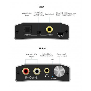 DAC 192kHz 24bit Audio Converter Digital Optical Coaxial Toslink to Analog Stereo L/R RCA 3.5mm Adapter with Volume Switch Gold