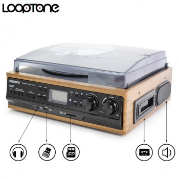 LoopTone USB Turntable Vinyl Record Player 2 Built-in Speakers Turntables W/ AM/FM Radio Cassette LP Recording