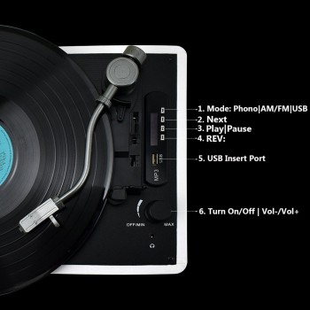 MPooling Portable Vinyl Record Player, Belt Drive 33/45/78 RPM Turntable, USB Recorder, AM/FM Radio, Aux-in, No Built-in Battery