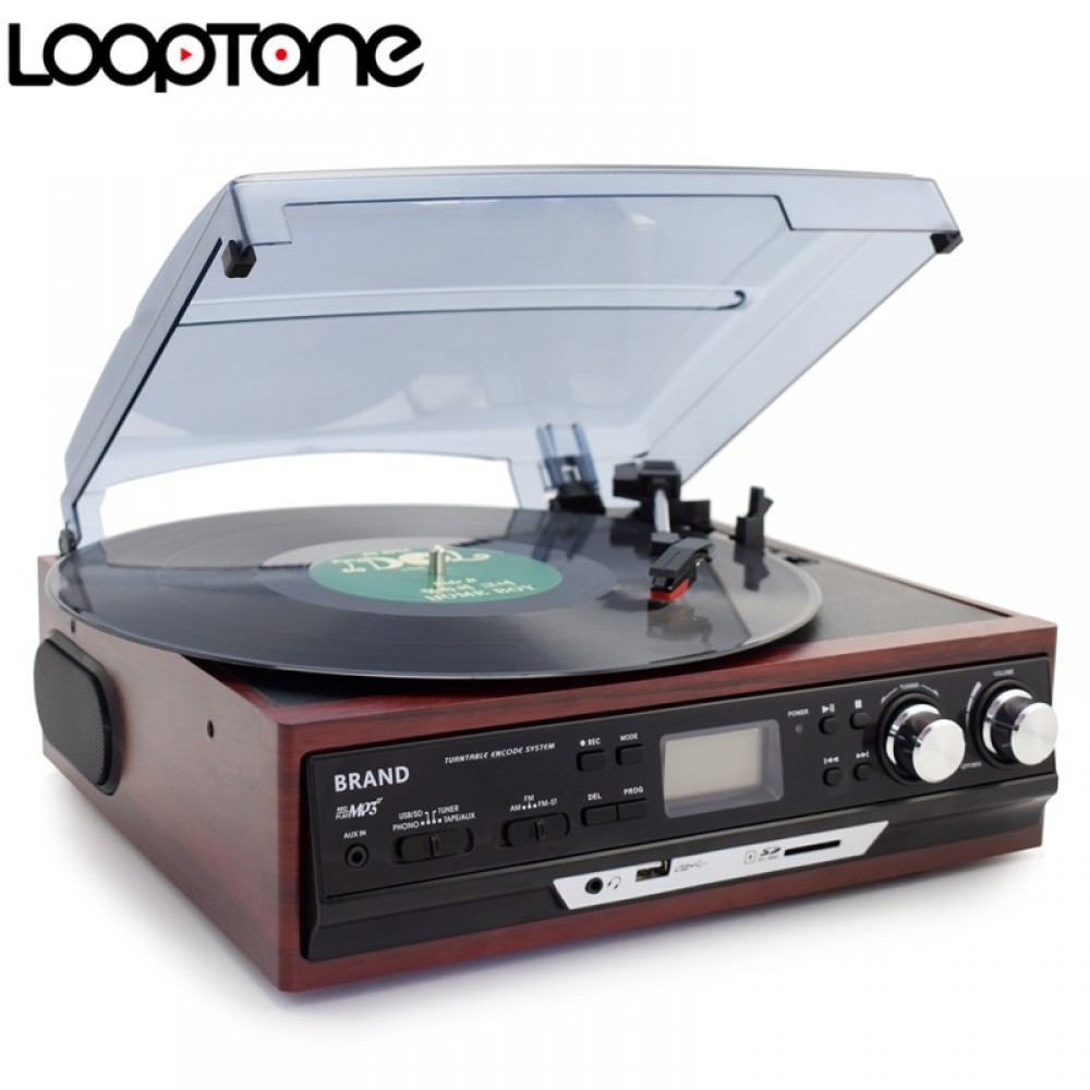 LoopTone Stereo Phono Players Turntable Vinyl LP Record Player With AM/FM Radio USB/SD Aux Cassette MP3 Recorder Headphone Jack