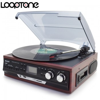 LoopTone Stereo Phono Players Turntable Vinyl LP Record Player With AM/FM Radio USB/SD Aux Cassette MP3 Recorder Headphone Jack