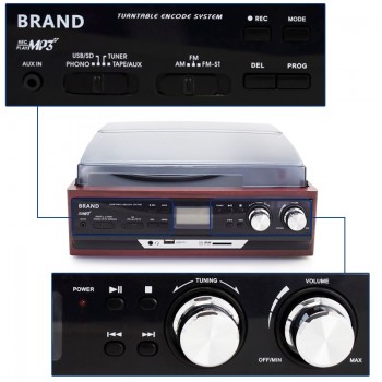 LoopTone Stereo Phono Players Turntable Vinyl LP Record Player With AM/FM Radio USB/SD Aux Cassette MP3 Recorder Headphone Jack