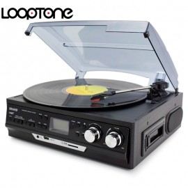 LoopTone 3-Speed Vinyl LP Record Players Turntable Player Built-in Speakers Gramophone AM/FM Radio Cassette USB/SD recorder