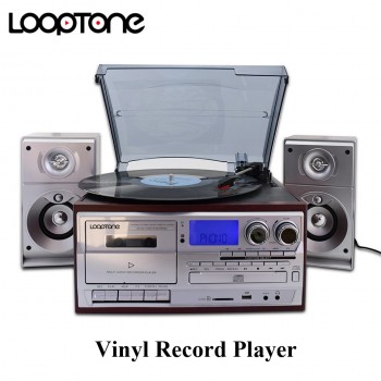 LoopTone Bluetooth Turntable Player 3 Speed Vinyl Record Player+Cassette Player+MP3 Player+CD Player+USB Recorder+AM/FM Radio