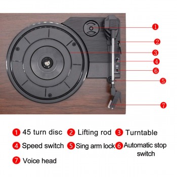 33 45 78 RPM LP Record Player Antique Gramophone Turntable Disc Vinyl Audio RCA R/L 3.5mm Output Out USB DC 5V Wood Color