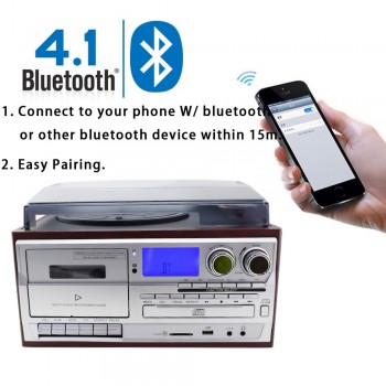 MPOOLING Vintage Retro Vinyl Record Turntable Player+CD Player+Cassette Player+MP3 Player+USB Recorder+Bluetooth