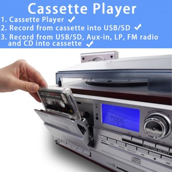 MPOOLING Vintage Retro Vinyl Record Turntable Player+CD Player+Cassette Player+MP3 Player+USB Recorder+Bluetooth