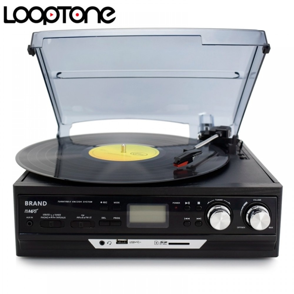 LoopTone 3-Speed Vinyl LP Record Players Turntable Player Built-in Speakers Gramophone AM/FM Radio USB/SD Cassette Recorder