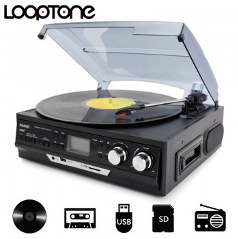 LoopTone 3-Speed Vinyl LP Record Players Turntable Player Built-in Speakers Gramophone AM/FM Radio USB/SD Cassette Recorder