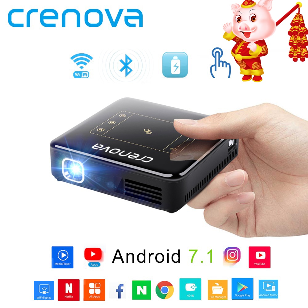 CRENOVA DLP Mini Projector With Android 7.1.2 OS WIFI Bluetooth Portable Projector For Full HD 1080P Home Theater Movie Beamer