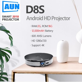 AUN 300 inch Projector,2G+16G, 12000mAH Battery, 1280x720P, D8S Android WIFI. Portable 3D LED MINI Projector. support 1080P 4K