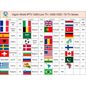 Vigotv 5000 LiveTV 1 year Europe Arabic IPTV French begluim UK Spain Portugal Dutch USA canada IPTV Support Android m3u enigma2