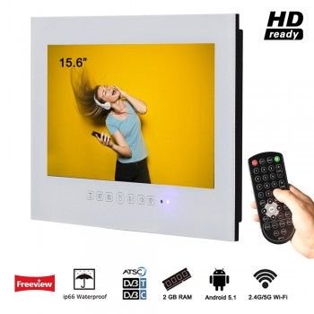Souria 15.6 White LED Bathroom Flat Screen IP66 Waterproof Frameless TV Rated Antenna DVB T 2 C ATSC