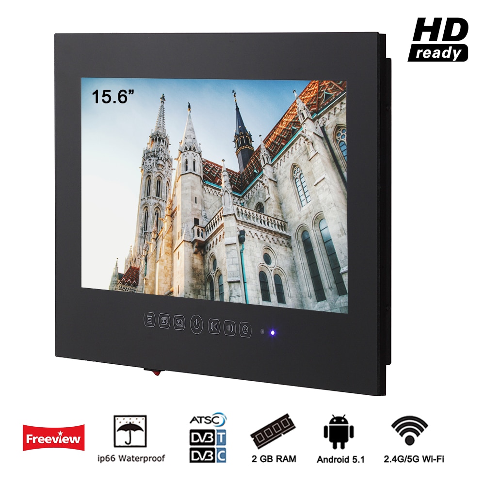 Souria 15.6 Black Bathroom Waterproof LED Android Smart Wi-Fi Shower Hidden TV Monitor Hotel Television