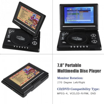 7.8inch Portable DVD Player Swivel Screen Rechargeable Multimedia Player with FM Radio Digital TV Car Charger Gamepad
