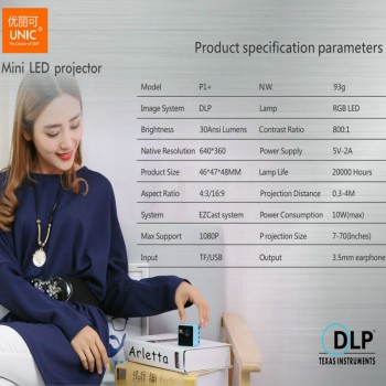UNIC P1+Wifi Mini Projector Wifi Built-in Battery with TF slot 3.5mm Earphone Home Theater Cinema Pico Portable video beamer