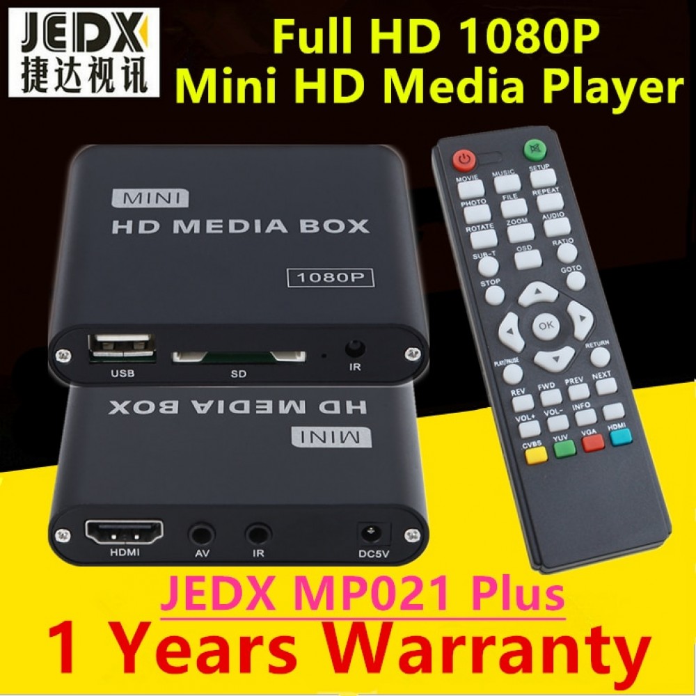 JEDX MP021 Plus 1080p Full-HD Ultra Portable Digital Media Player with IR Extender USB Drives and SD/SDHC Cards Car adapter