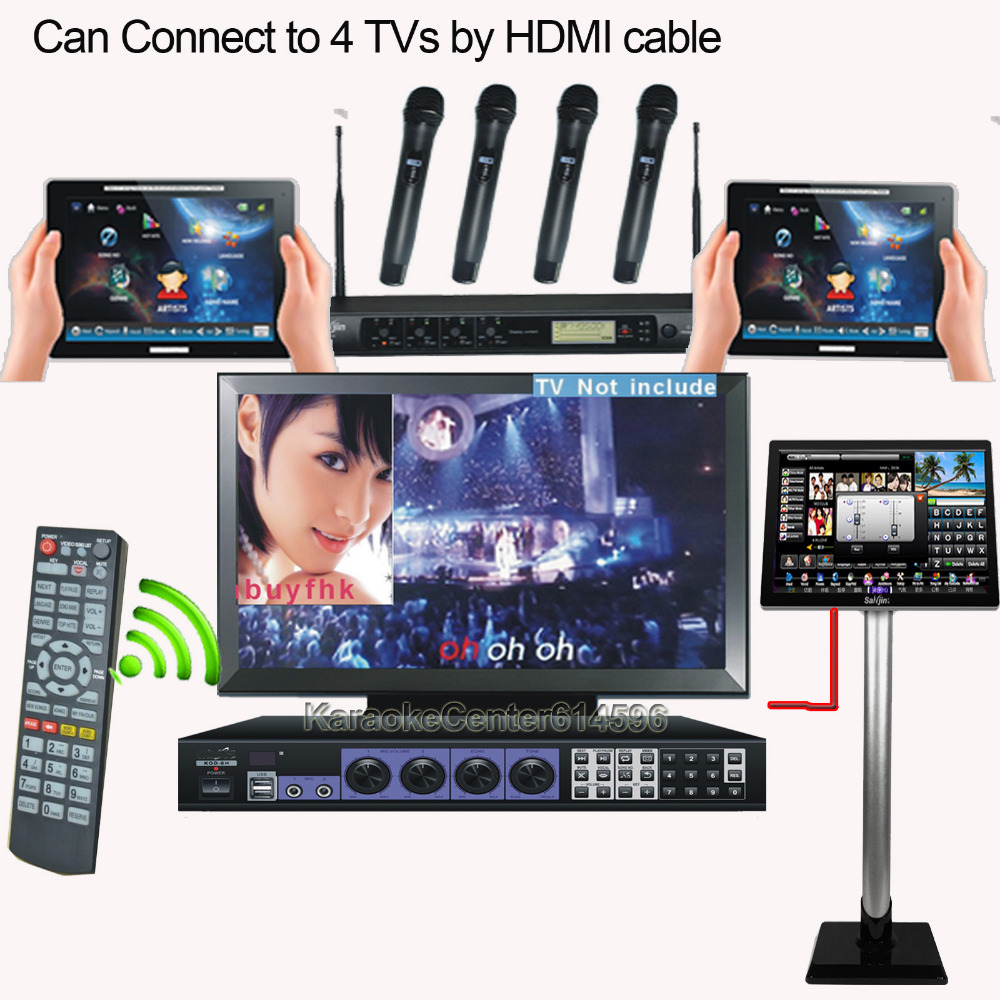 Bar Karaoke System with songs Wireless Touch Screen/Tablet+wired TouchScreen+4 UHF wireless Microphones,HDMI connect to 4TVs