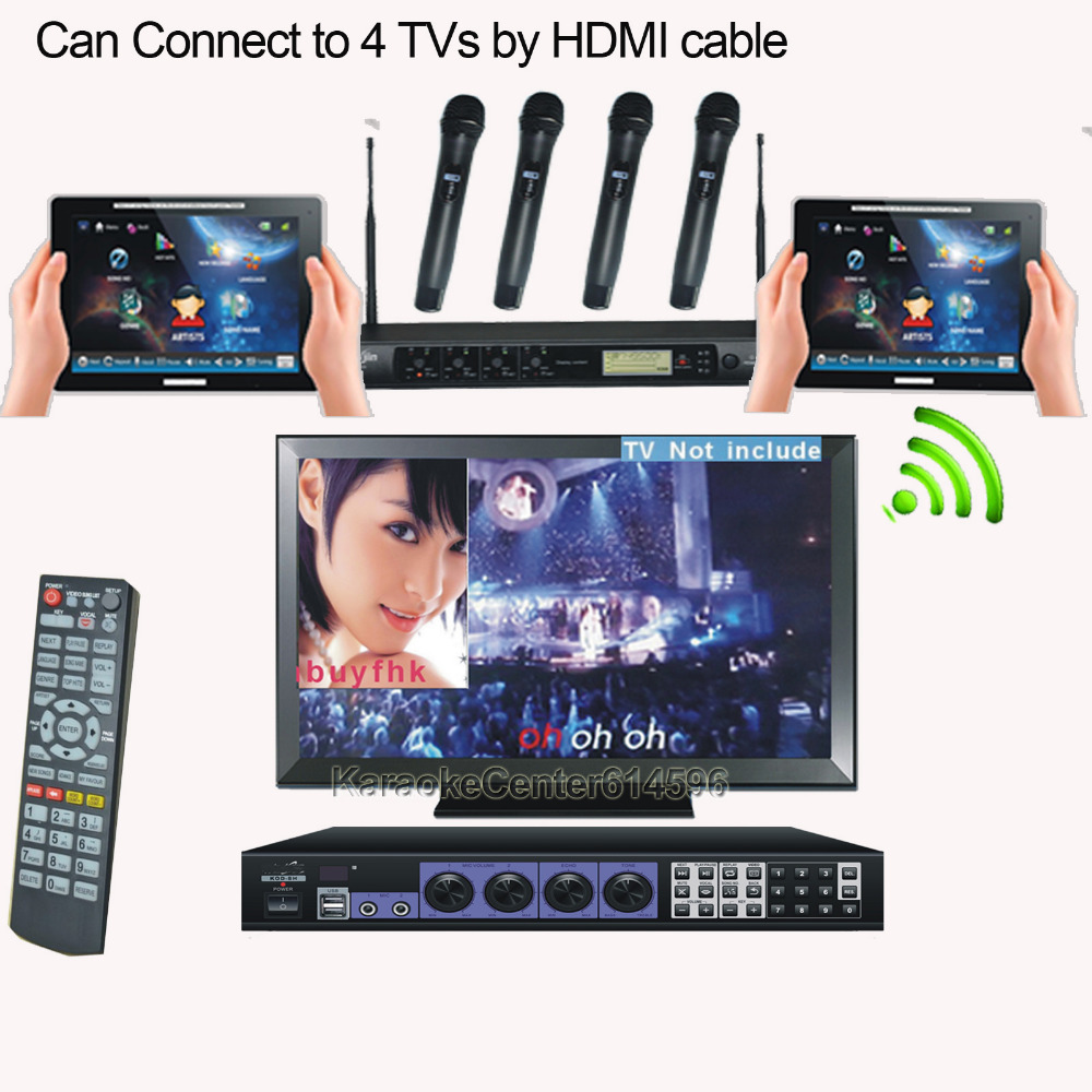 Bar Karaoke System with songs Wireless Touch Screen/Tablet+ Professional 4 UHF wireless Microphones,HDMI connect to 4TVs