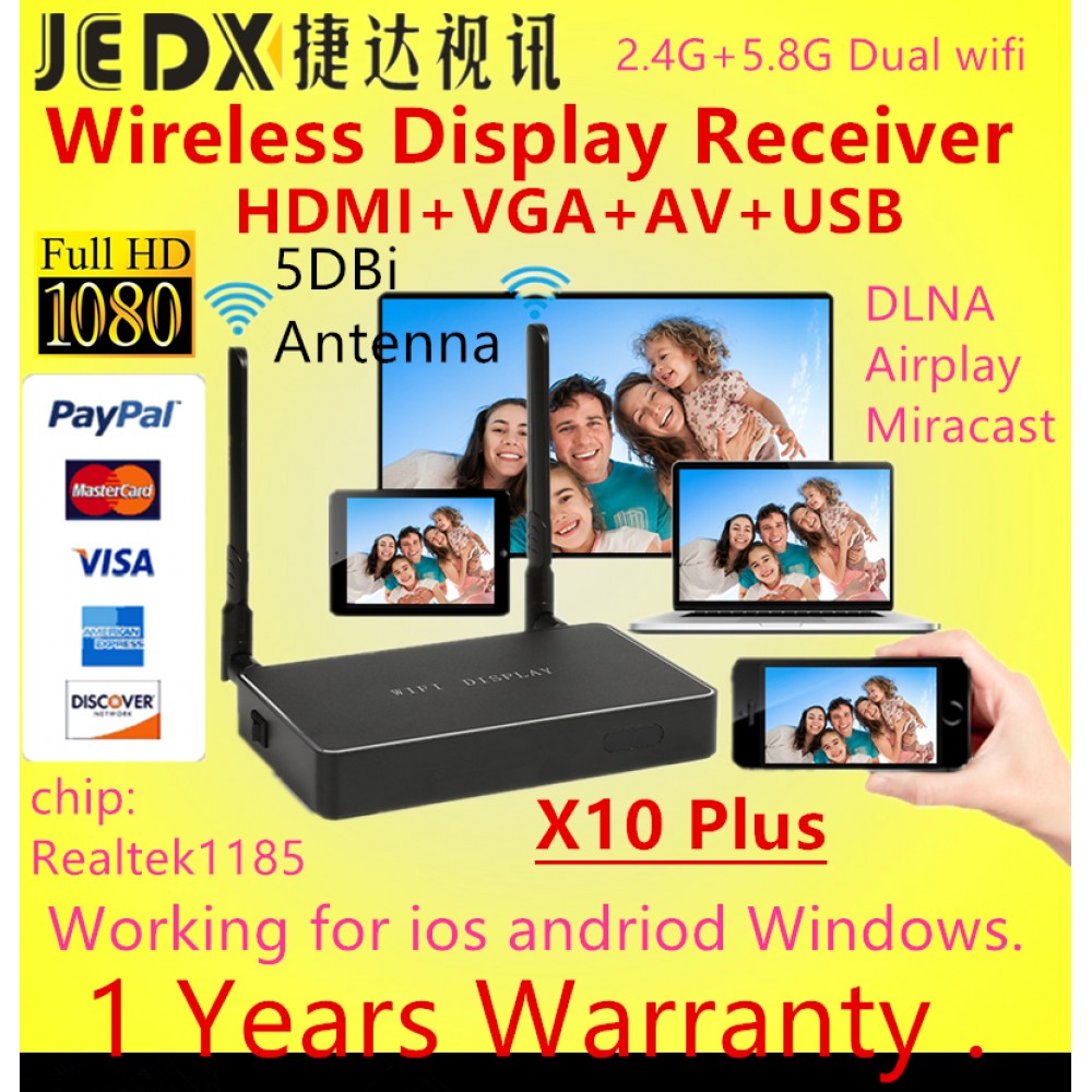Dual wifi 2.4G+5G,HD 1080P Airplay Wifi Display TV Box Receiver HDMI+VGA+AV Miracast DLNA Easy Sharing for Android IOS WINDOWS