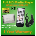 Giftamp;Free Shipping K5 Full HD 1080P HDMI Car MultiMedia player USB SD/MMC Card DIVX MKV AVI RM RMVB MP3 JPEG with Car Adapter