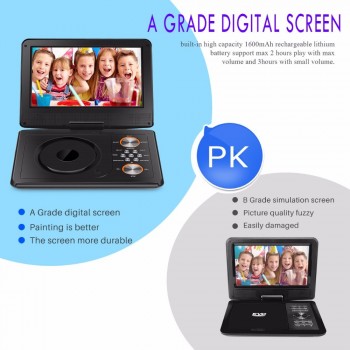FORNORM 9 Inch Portable DVD Player Swivel Screen MP3 DVD Player With Remote Control Rechargeable Battery Car Charger AC Adapter