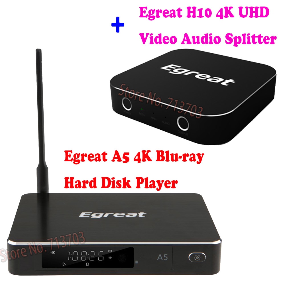 Egreat A5 4K UHD Media Blu-ray Hard Disk Player ISO Playback Navigation Menu Android TV Box + H10 Ultra HD Video Audio Splitter