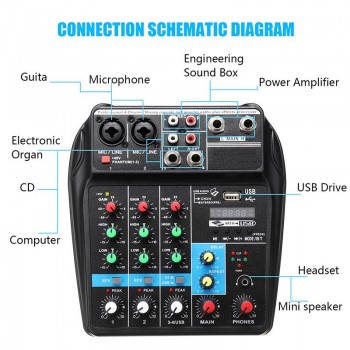 Portable Bluetooth A4 Sound Mixing Console Audio Mixer Record 48V Phantom Power Effects 4 Channels Audio Mixer with USB