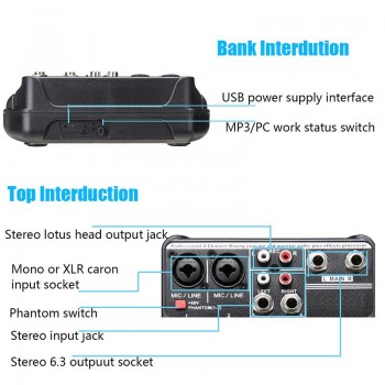 Portable Bluetooth A4 Sound Mixing Console Audio Mixer Record 48V Phantom Power Effects 4 Channels Audio Mixer with USB