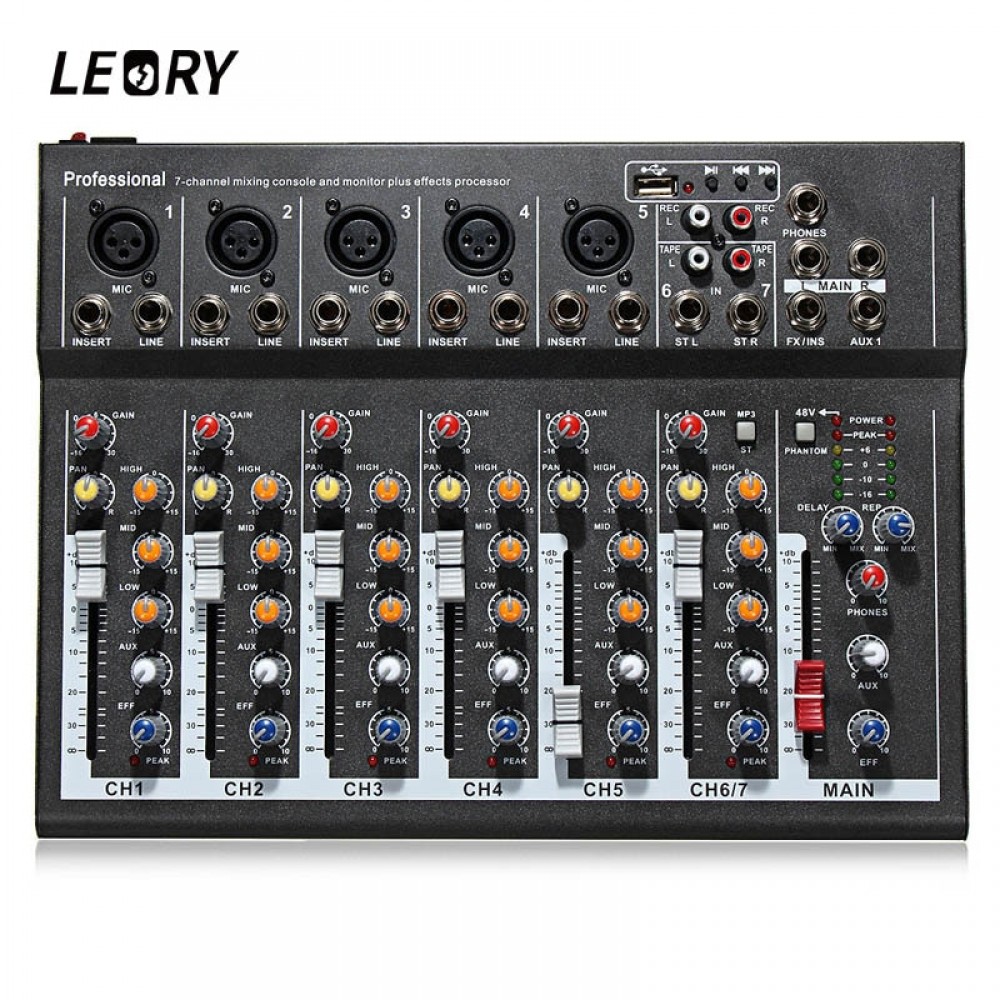 LEORY Professional 7 Channel Karaoke Audio Mixer Microphone Sound Mixing Console Amplifier With USB 48V Phantom Power