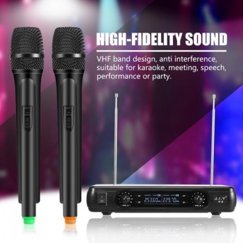 VHF Handheld Wireless Dynamic Microphones + LCD Receiver Karaoke Singing System EU Plug