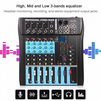 CT6 6 Channel Professional Stereo Mixer Live Audio Sound Console Vocal Effect Processor with 4-CH Mono amp; 2-CH Stereo Input