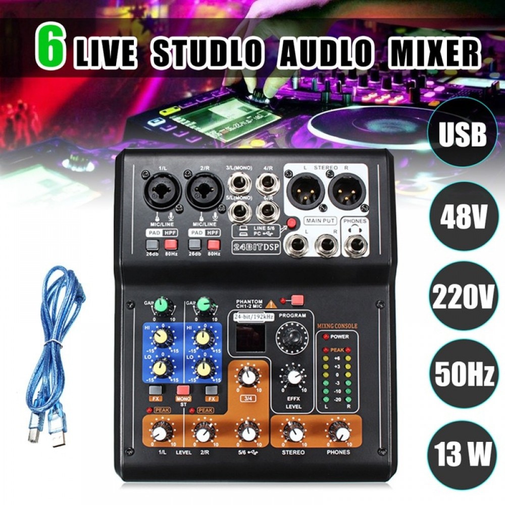 Professional 6 Channel Live Studio Audio Mixer DJ Mixing Phantom Console Mini USB Amplifier Digital Microphone Sound Mixer Sou
