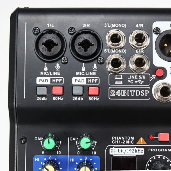 Professional 6 Channel Live Studio Audio Mixer DJ Mixing Phantom Console Mini USB Amplifier Digital Microphone Sound Mixer Sou