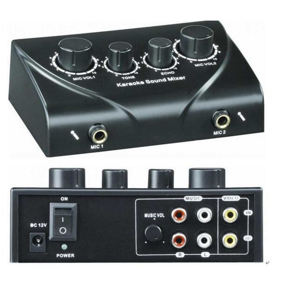 Karaoke Sound Mixer with 2 Mic inputs Cable Microphone Control Amplifier Echo Mixer