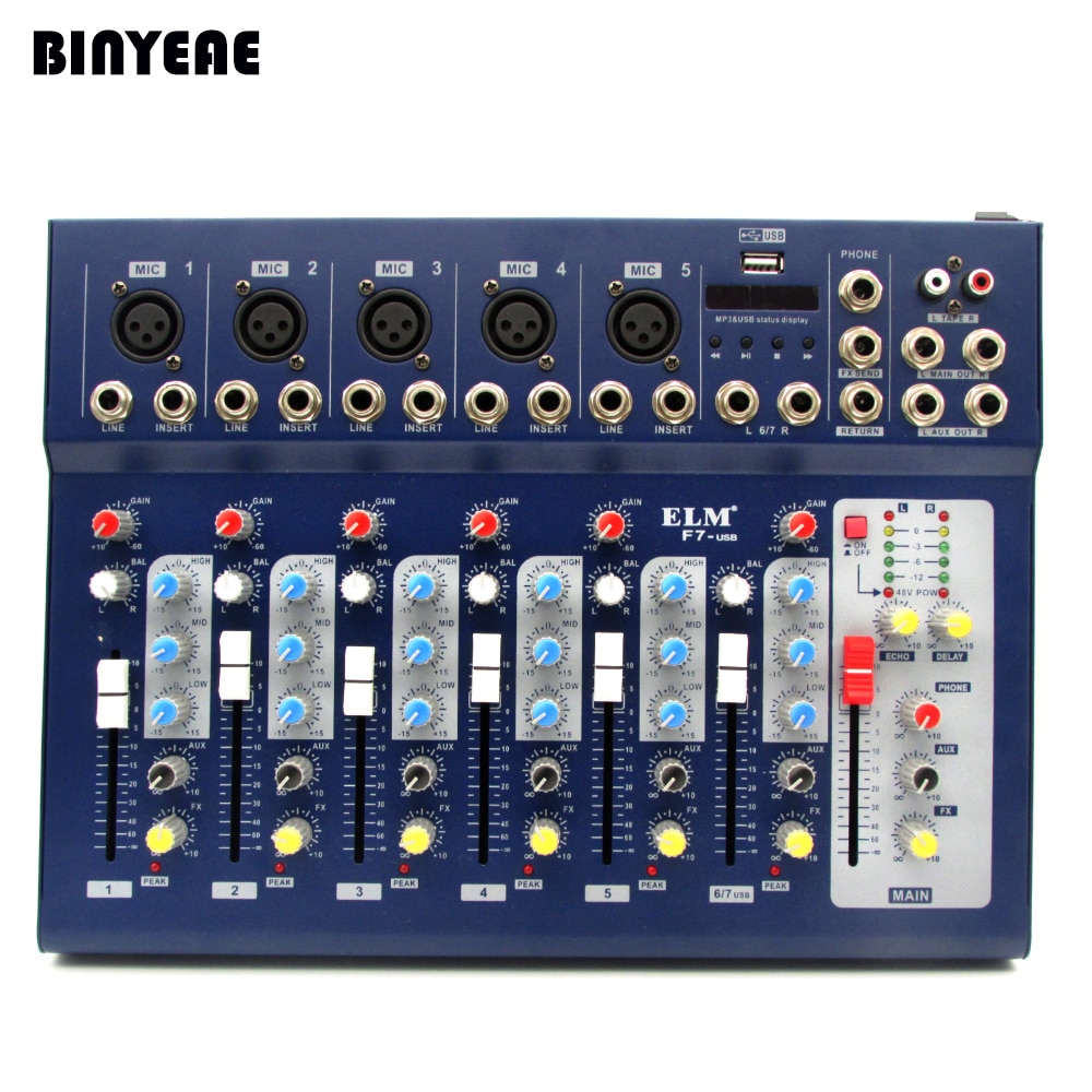 New F7-USB LED 7 Channel Mixing Console Equipment Professional Audio DJ Mixer