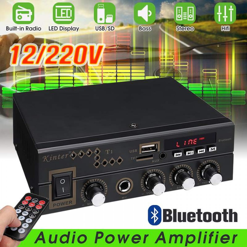 600W 12V/220V Watt Digital bluetooth Home Stereo Amplifier AMP TF FM USB Microphone Input Home Amplifier