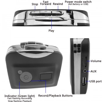 Portable Stand-Alone Cassette Tape to MP3 Converter Stereo Audio Player , Convert Cassette To USB Flash Drive With Earphones