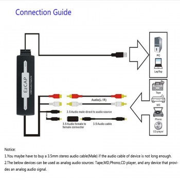 USB Audio Capture Cassette To CD/MP3 Converter MP3 WMA WAVE Recorder Edit Audio to Digital Format RCA R/L + 3.5mm audio input