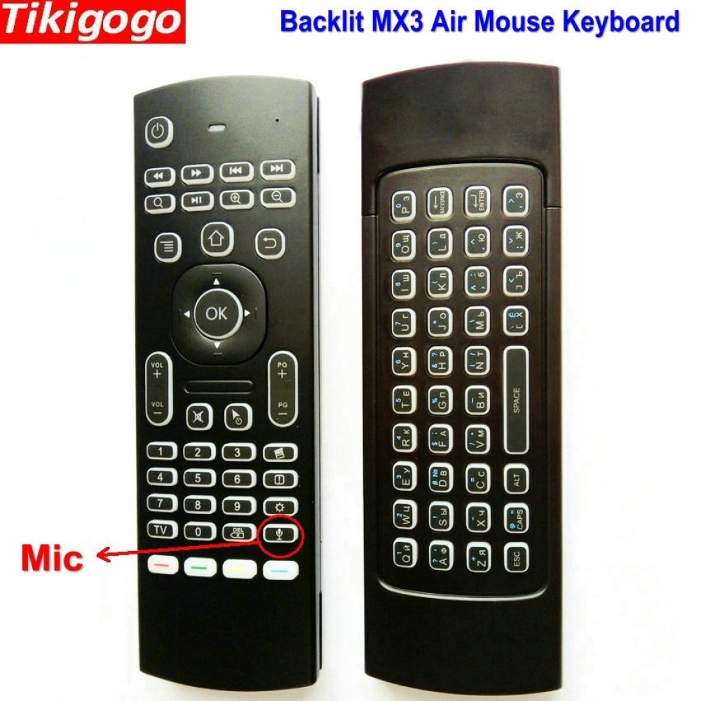 Tikigogo English Russian Backlit MX3 Air Mouse mini keyboard remote control with mic microphone voice for android smart tv box