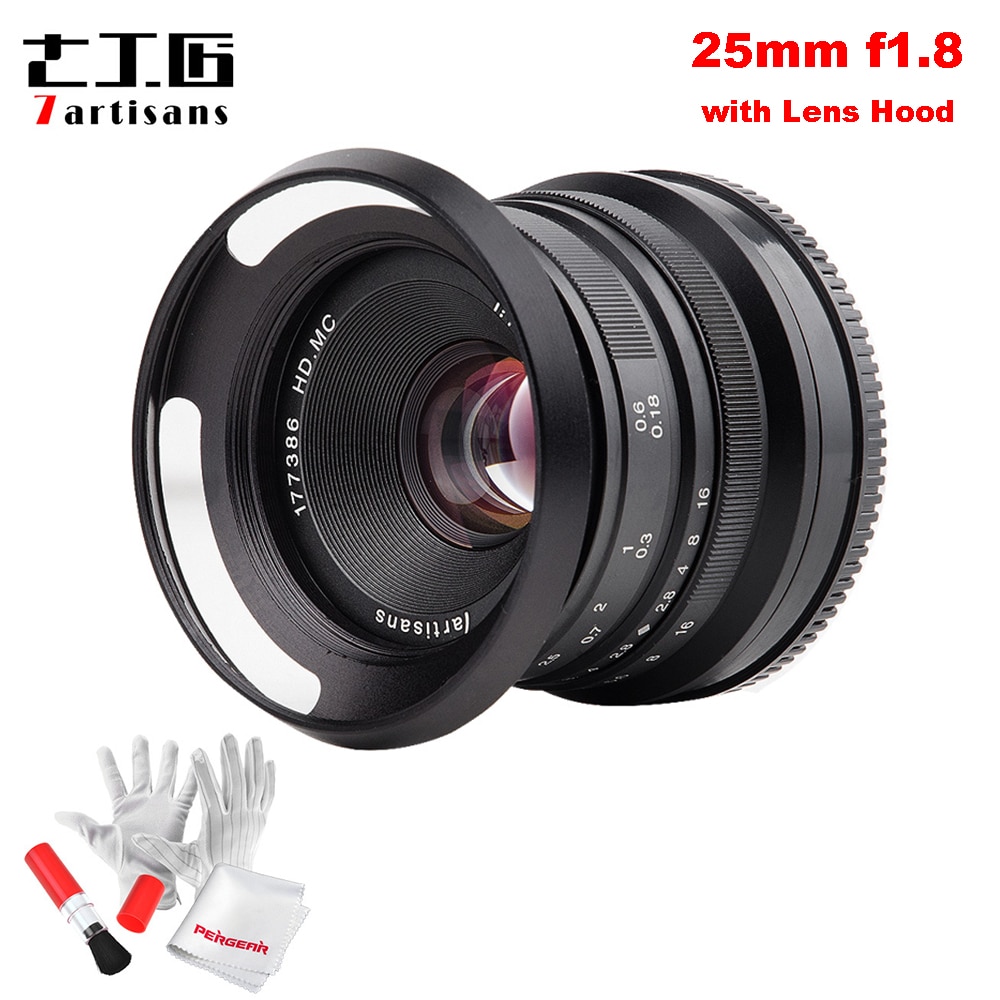 7artisans 25mm / F1.8 Prime Lens for E Mount / for Fujifilm Cameras A7 A7II A7R A7RII X-A1 X-A10 X-A2 + Vented Metal Lens Hood