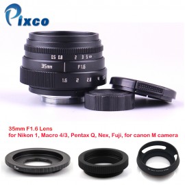 Mini 35mm f/1.6 APS-C TV Lens+Lens Hood+Macro Ring+C to camera adapter for Nikon1/M4/3 /For Pentax Q/ Nex / Fuji/ for eos