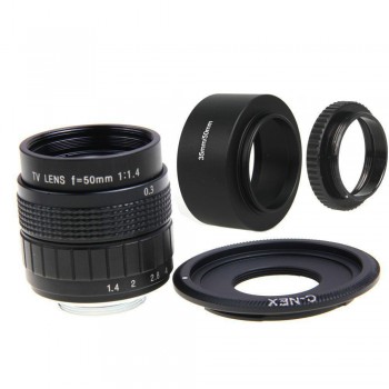 FUJIAN 50mm F1.4 CCTV Movie Lens +C Mount +Lens Hood + Macro Ring for SONY E Mount NEX3 NEX6 NEX7 NEX-5R A6500 A6300 A6000 A5000