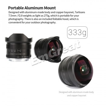 7artisans 7.5mm F2.8 F/2.8 Fisheye Lens 180 Degree Angle Apply to All Single Series for E Mount /for Micro 4/3 Mirrorless Camera