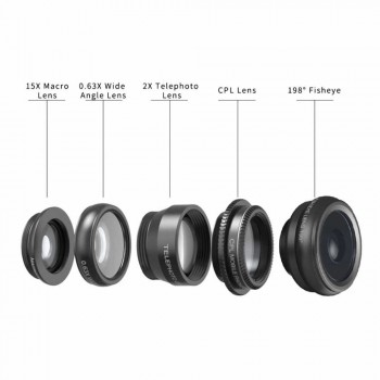 5 in 1 Phone Lens Kit, APEXEL 198 Degree Fisheye /0.63X Wide Angel /15X Macro /Telescope /CPL Lens/ for iPhone Samsung phone