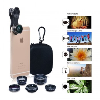 5 in 1 Phone Lens Kit, APEXEL 198 Degree Fisheye /0.63X Wide Angel /15X Macro /Telescope /CPL Lens/ for iPhone Samsung phone